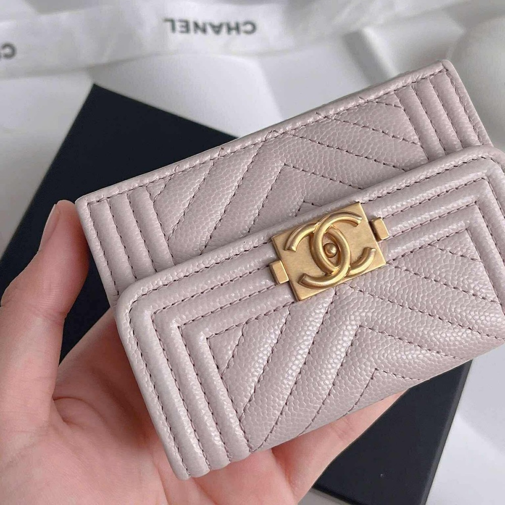 Chanel Boy Flap Nude Pink Tri-fold Wallet Chervon Women's - Picture 7 of 17